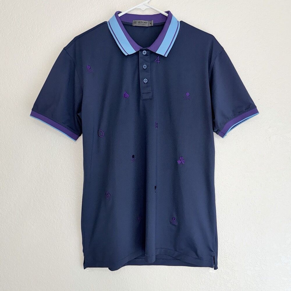 G/Fore Deck Golf Polo Blue Purple MEDIUM Embroidered Emblems Stretch Preppy